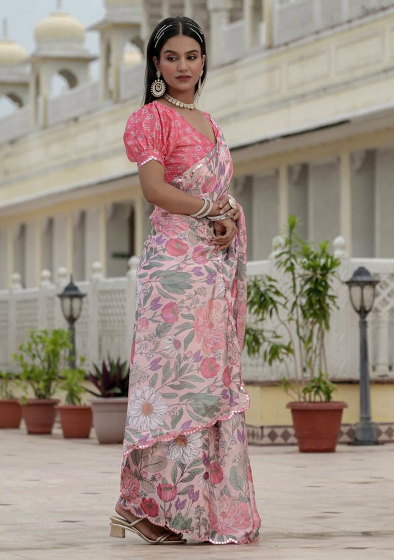 Pink Printed Chiffon Saree Set - Indya