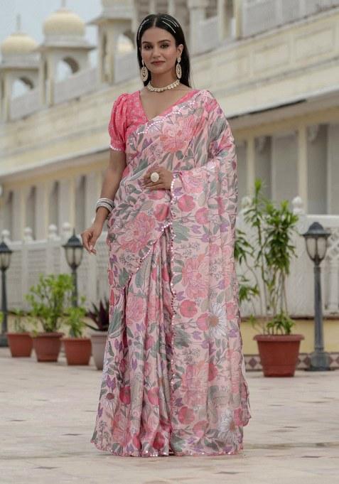 Pink Printed Chiffon Saree Set