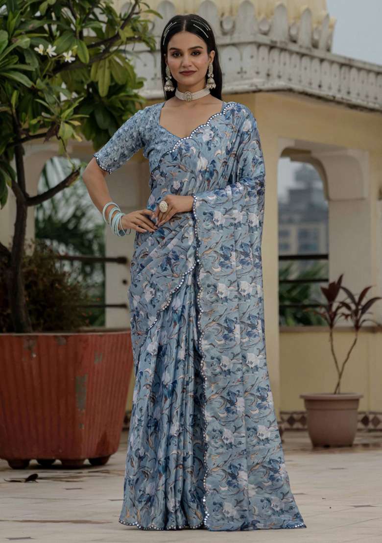Grey Printed Chiffon Saree Set for Diwali and Festive Wear - Indya