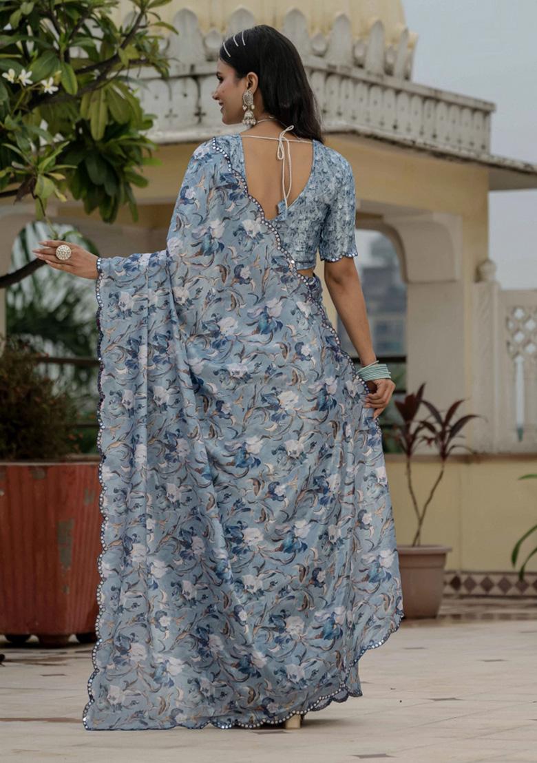 Grey Printed Chiffon Saree Set - Indya