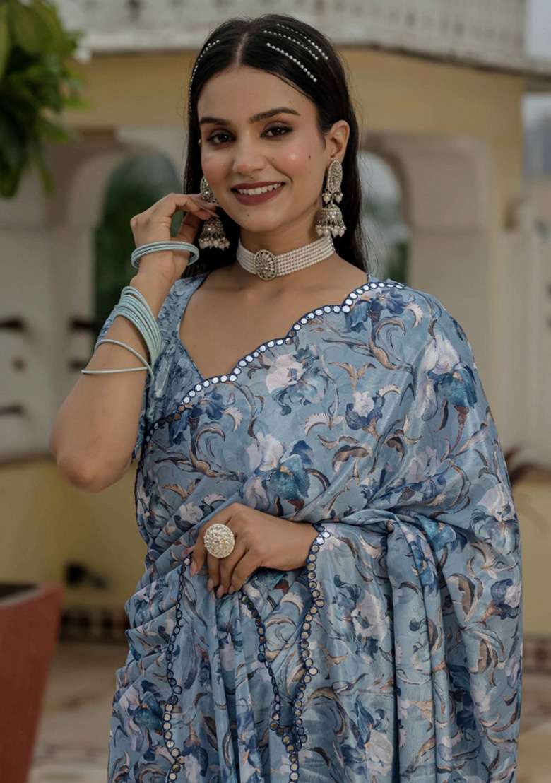 Grey Printed Chiffon Saree Set for Diwali and Festive Wear - Indya
