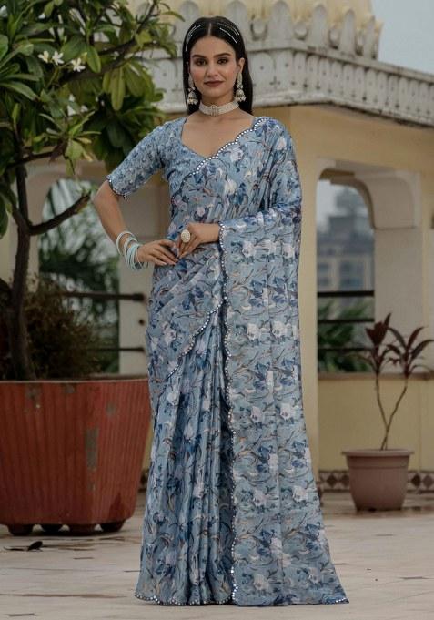 Grey Printed Chiffon Saree Set