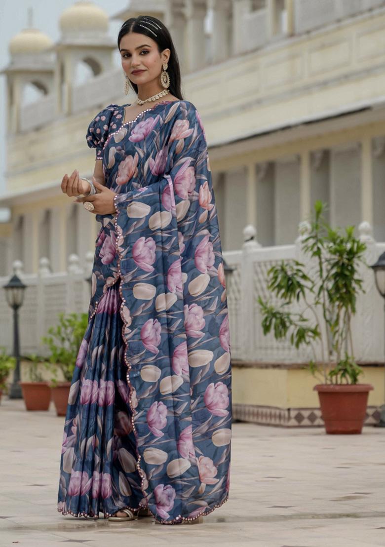 Blue Printed Chiffon Saree Set - Indya
