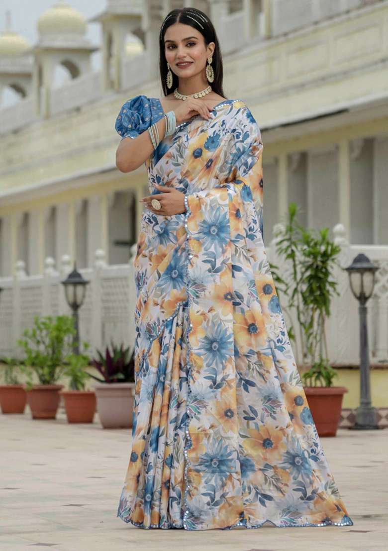 Multicolor Printed Chiffon Saree Set for Diwali and Festive Wear - Indya