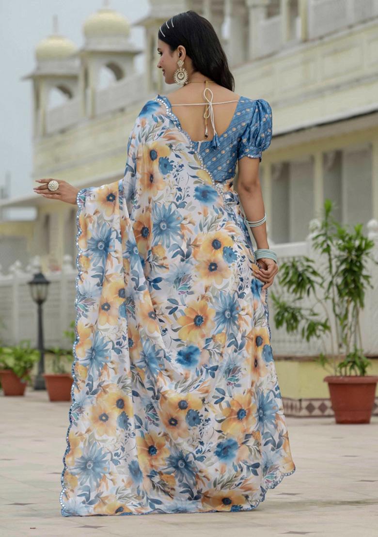 Multicolor Printed Chiffon Saree Set - Indya