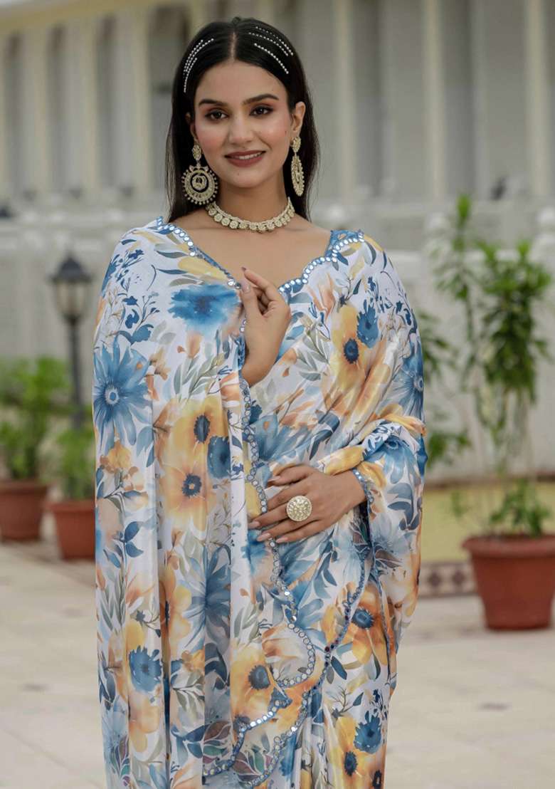 Multicolor Printed Chiffon Saree Set for Diwali and Festive Wear - Indya