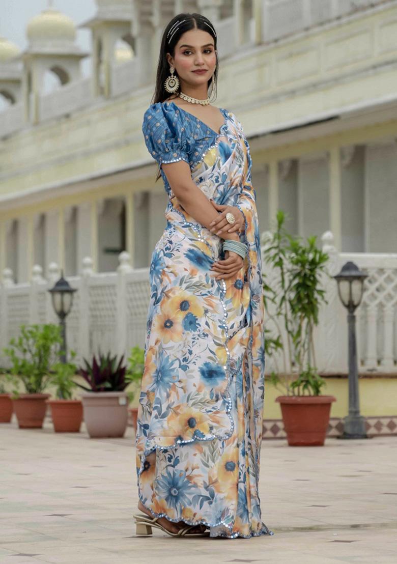 Multicolor Printed Chiffon Saree Set - Indya