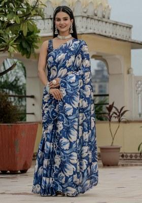 Blue Printed Chiffon Saree Set