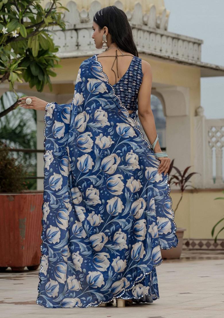Blue Printed Chiffon Saree Set - Indya