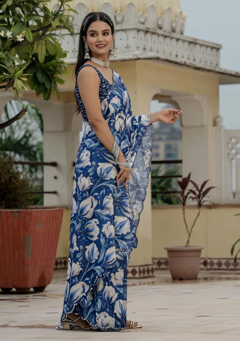 Blue Printed Chiffon Saree Set - Indya