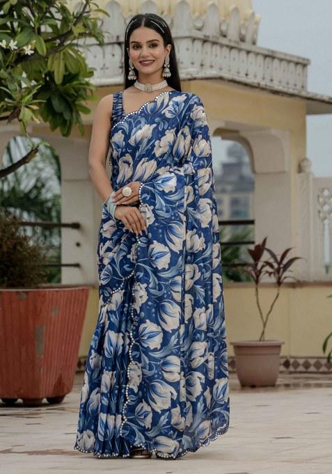 Blue Printed Chiffon Saree Set