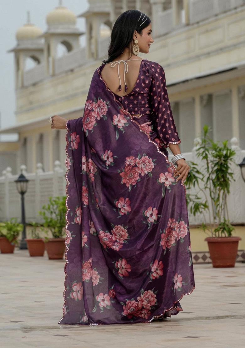 Purple Printed Chiffon Saree Set - Indya