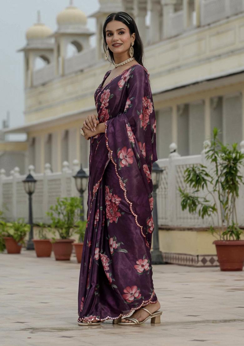 Purple Printed Chiffon Saree Set - Indya