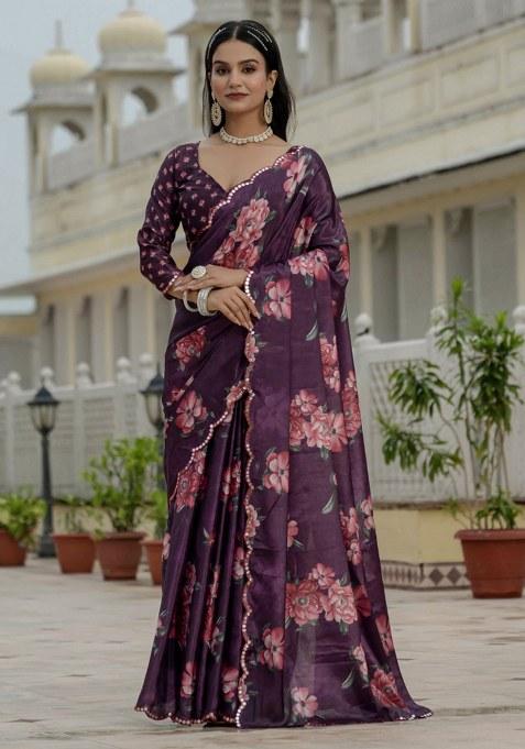 Purple Printed Chiffon Saree Set