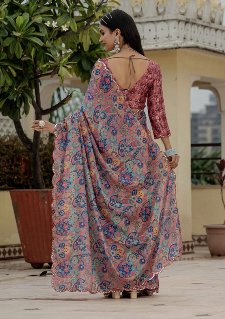 Multicolor Printed Chiffon Saree Set - Indya