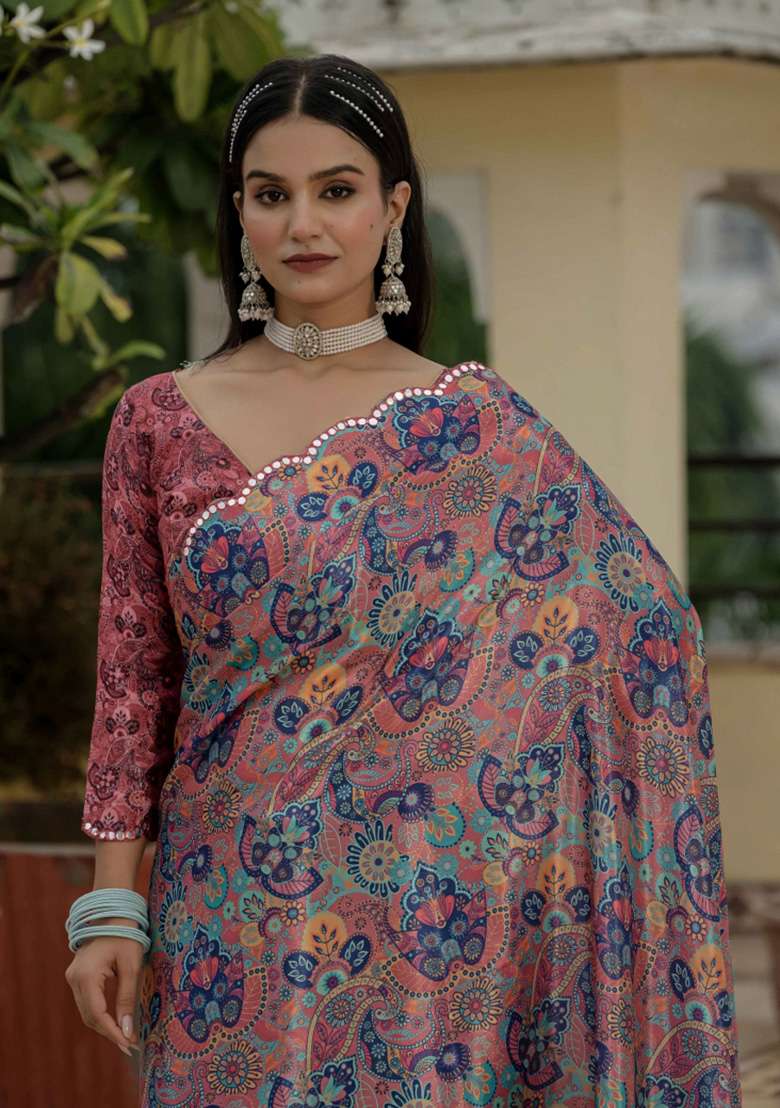 Multicolor Printed Chiffon Saree Set for Diwali and Festive Wear - Indya