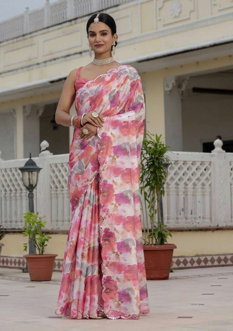 Multicolor Chiffon Saree Set with Printed for Diwali | Wedding & Festive Wear - Indya