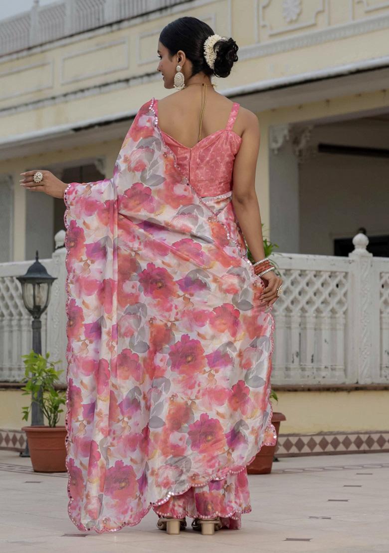 Multicolor Printed Chiffon Saree Set - Indya