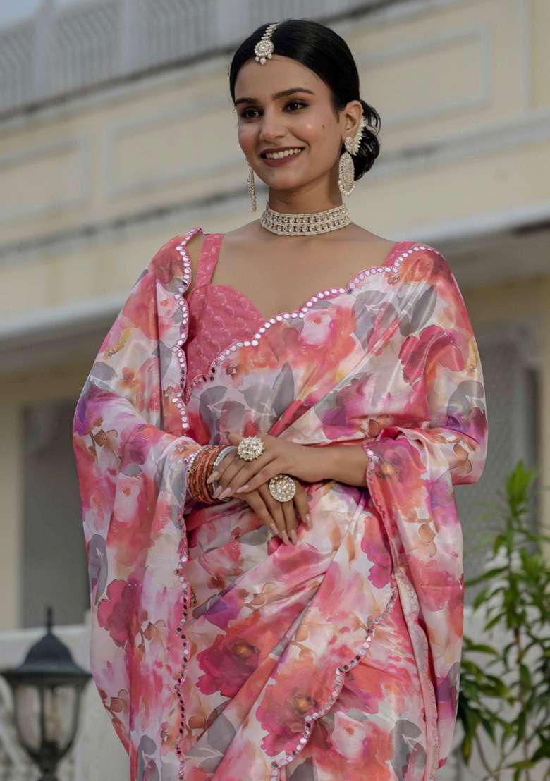 Multicolor Chiffon Saree Set with Printed for Diwali | Wedding & Festive Wear - Indya