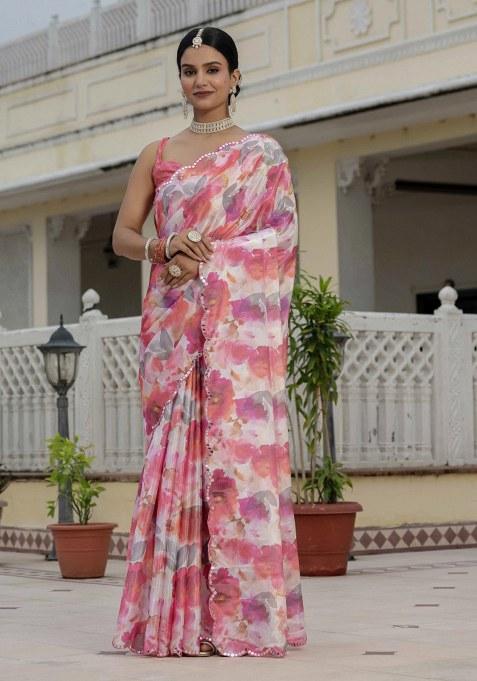 Multicolor Printed Chiffon Saree Set