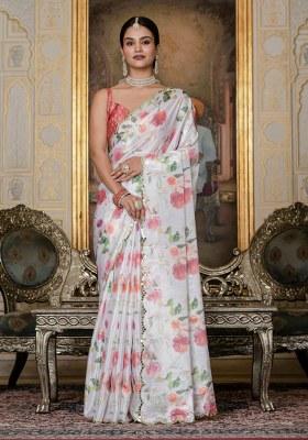White Printed Chiffon Saree Set