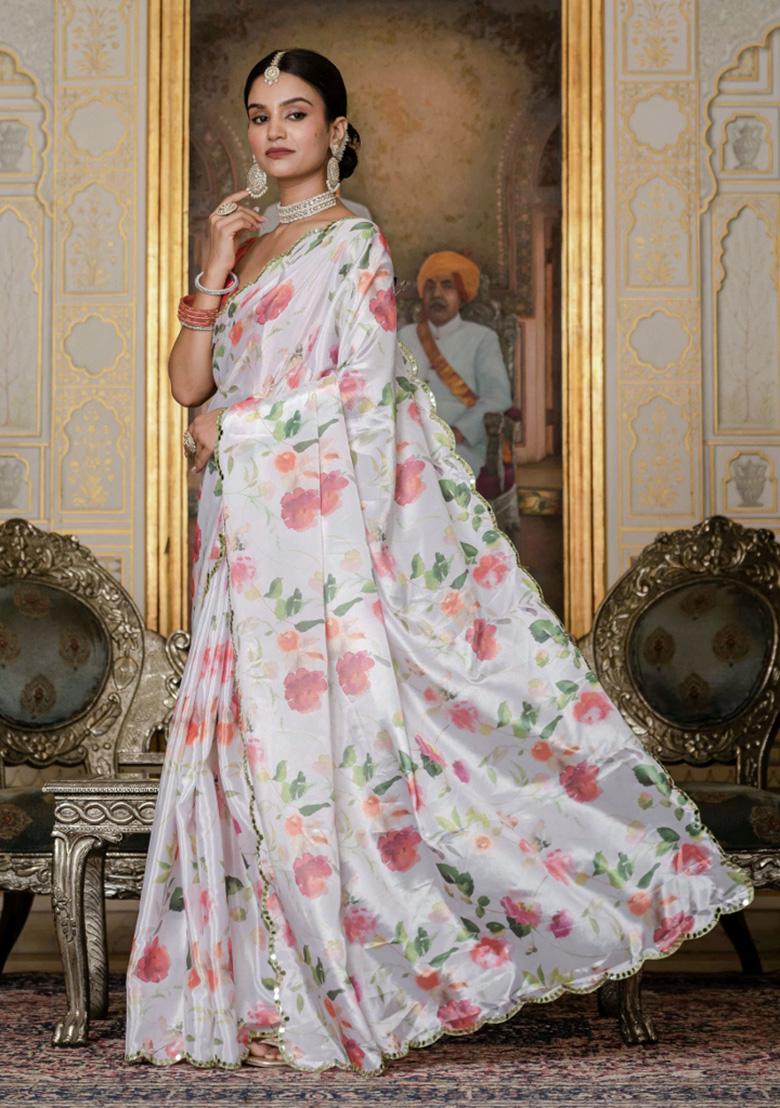 White Printed Chiffon Saree Set - Indya