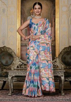 Multicolor Printed Chiffon Saree Set