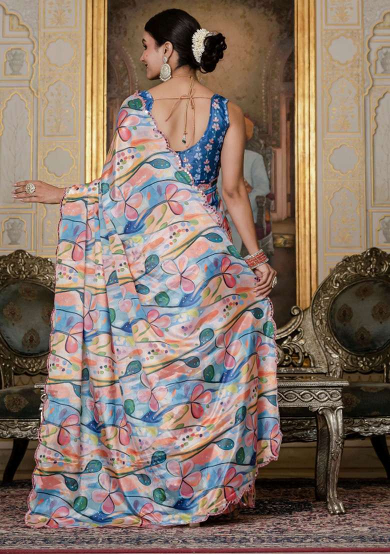 Multicolor Chiffon Saree Set with Printed for Diwali | Wedding & Festive Wear - Indya