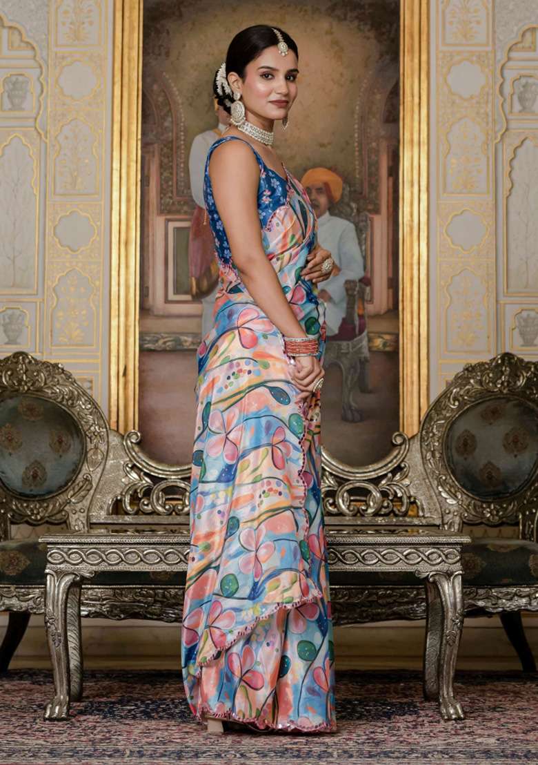 Multicolor Chiffon Saree Set with Printed for Diwali | Wedding & Festive Wear - Indya