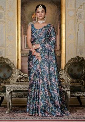 Green Printed Chiffon Saree Set