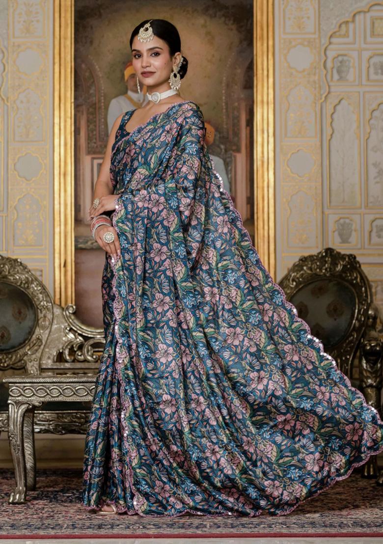 Green Printed Chiffon Saree Set - Indya