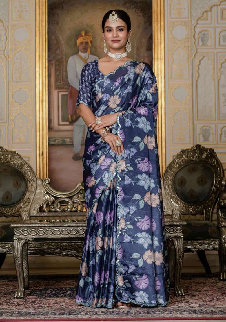 Lavender Printed Chiffon Saree Set for Diwali and Festive Wear - Indya
