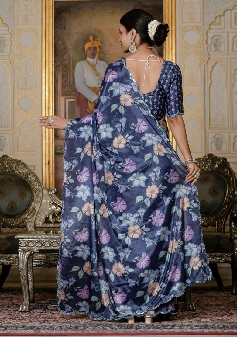 Lavender Printed Chiffon Saree Set - Indya