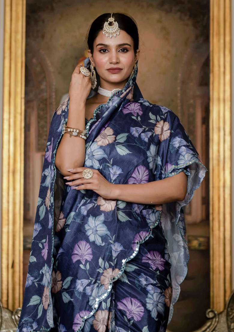 Lavender Printed Chiffon Saree Set for Diwali and Festive Wear - Indya