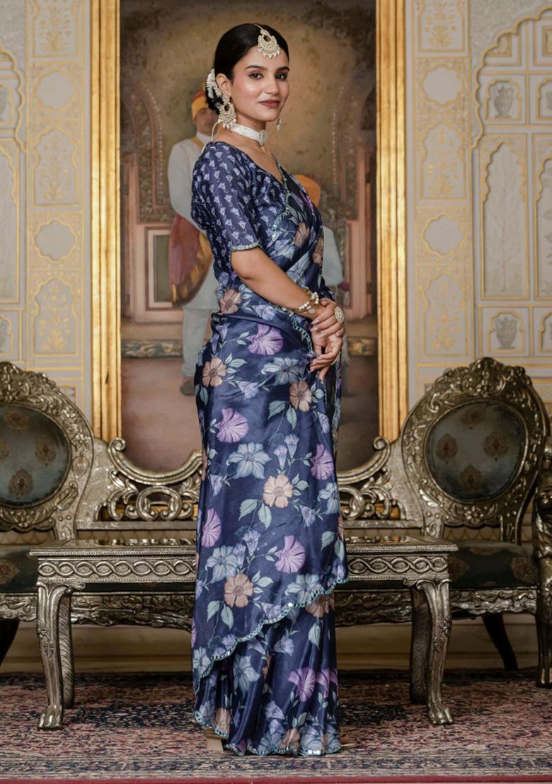 Lavender Printed Chiffon Saree Set - Indya