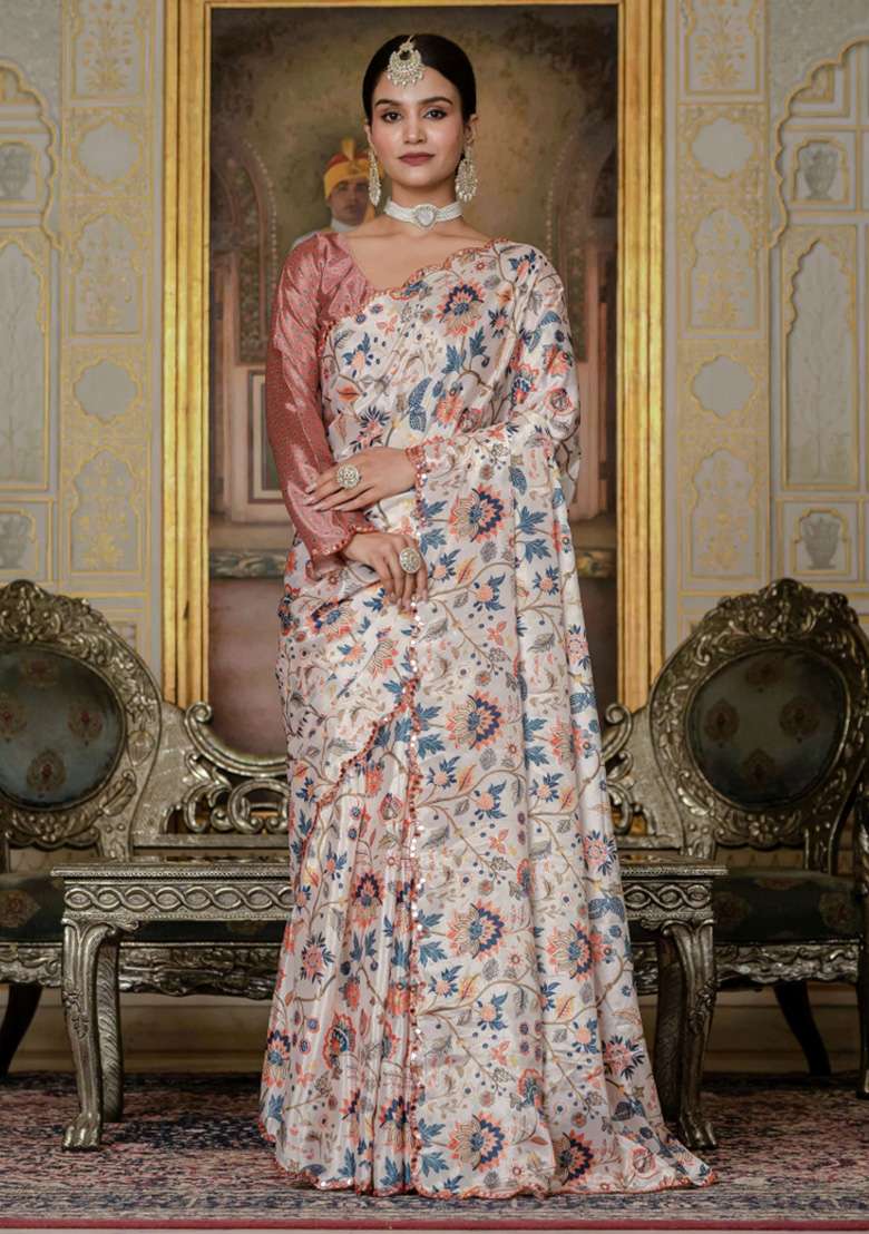 Cream Printed Chiffon Saree Set for Diwali and Festive Wear - Indya
