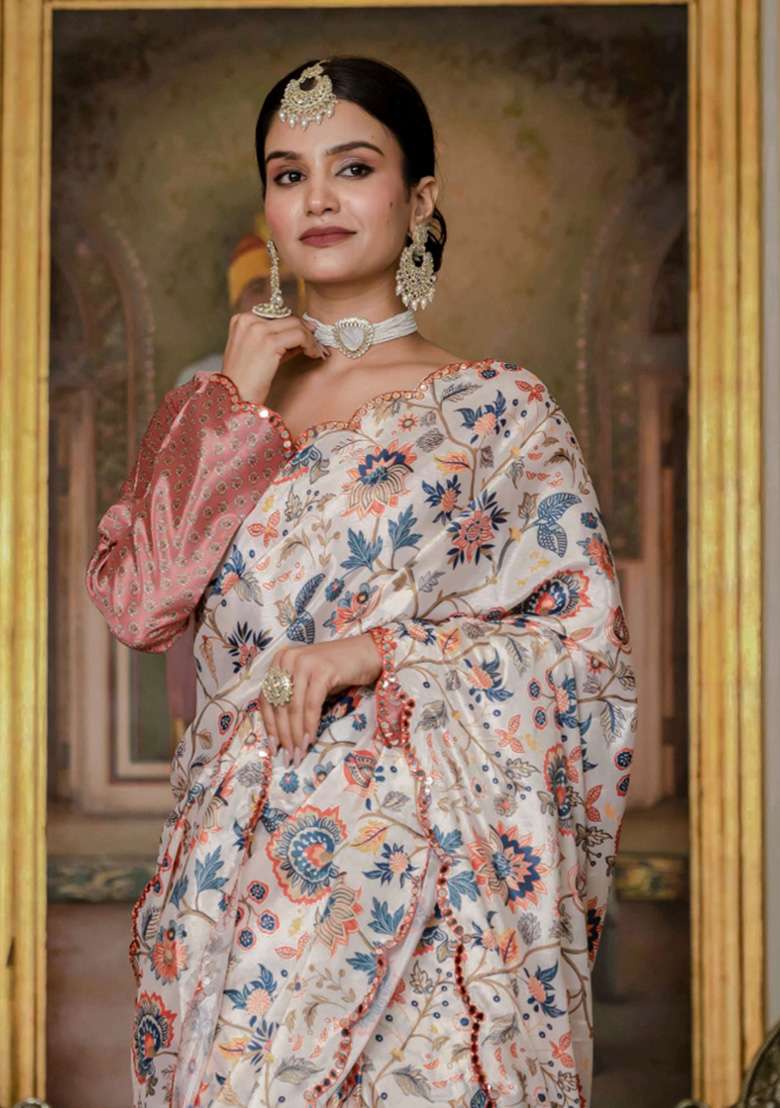 Cream Printed Chiffon Saree Set for Diwali and Festive Wear - Indya