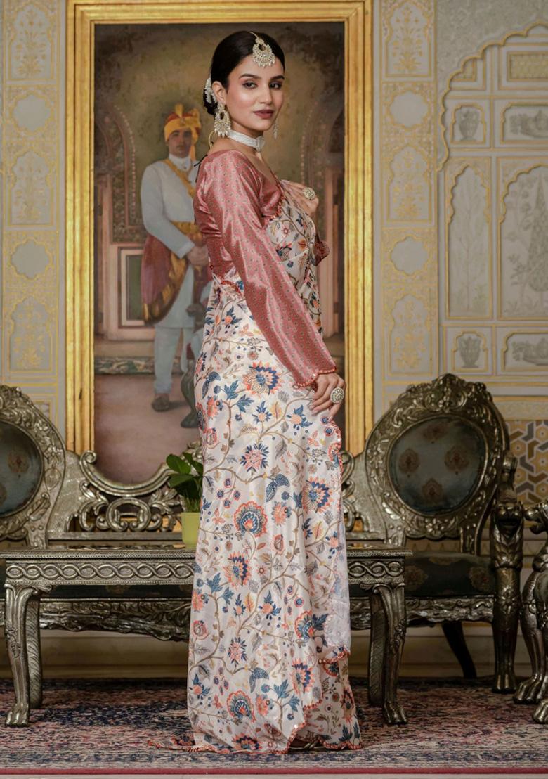 Cream Printed Chiffon Saree Set - Indya