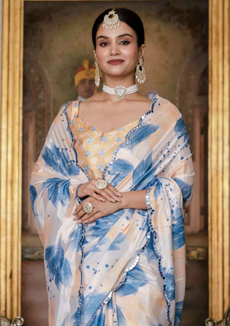 Off White Printed Chiffon Saree Set for Diwali and Festive Wear - Indya