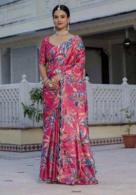 Pink Printed Chiffon Saree Set