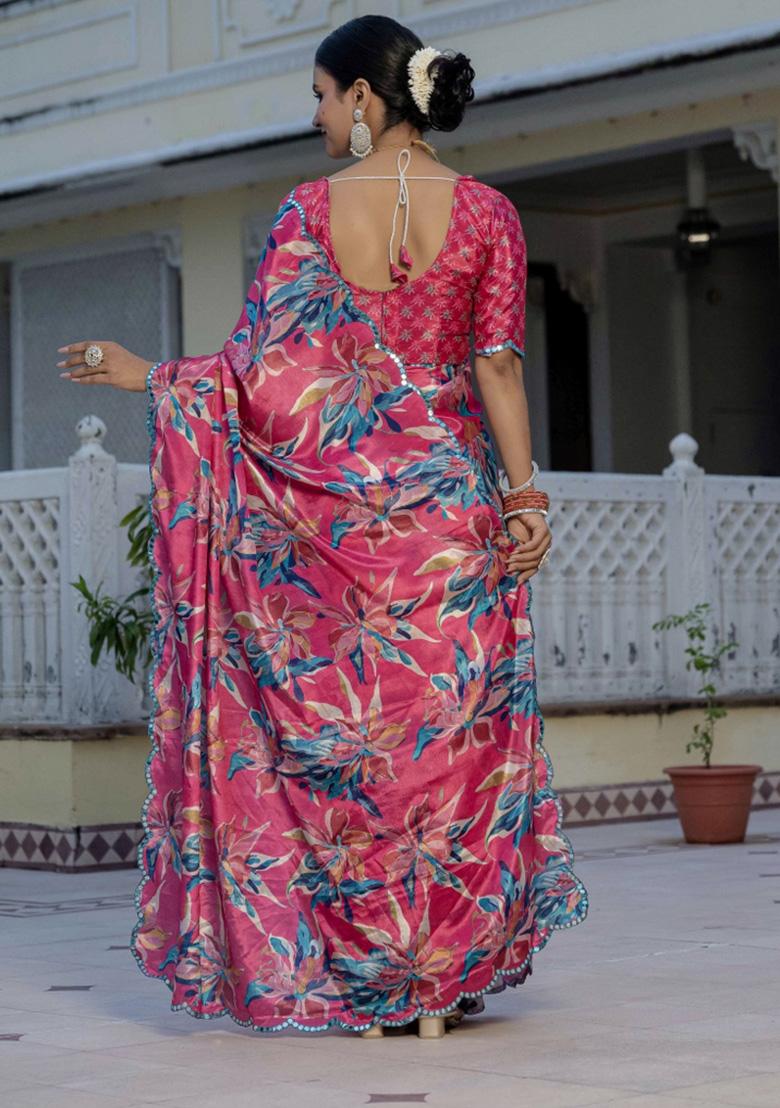 Pink Printed Chiffon Saree Set - Indya