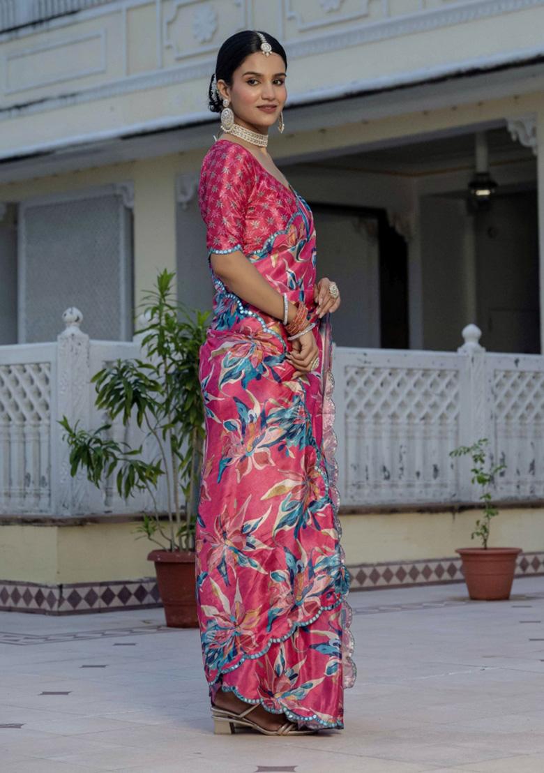 Pink Printed Chiffon Saree Set - Indya