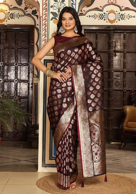 Maroon Woven Silk Blend Saree Set