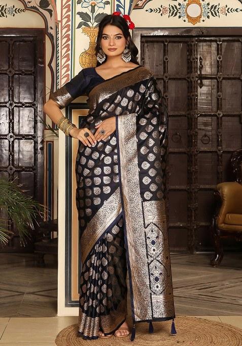 Blue Woven Silk Blend Saree Set
