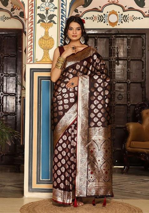 Wine Woven Silk Blend Saree Set