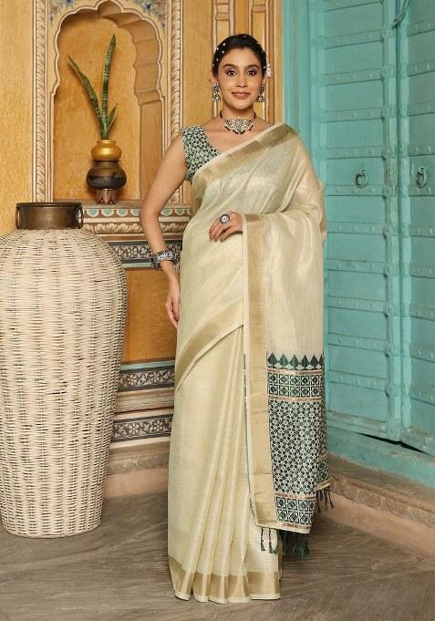 Green Woven Blended Cotton Saree Set