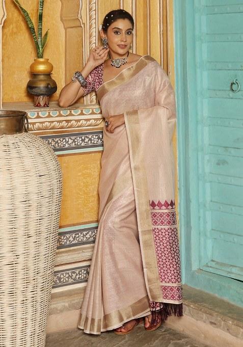 Wine Woven Blended Cotton Saree Set
