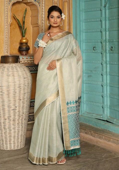 Green Woven Blended Cotton Saree Set