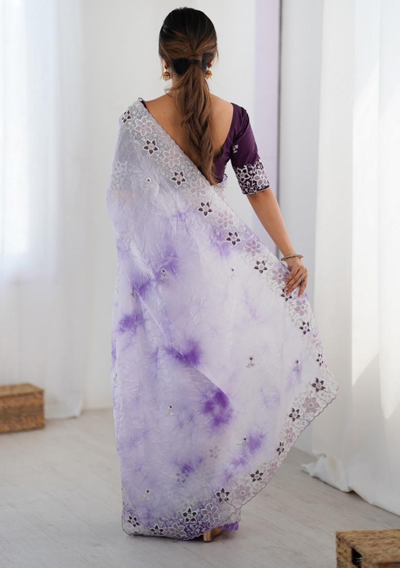 Lavender Embroidered Chiffon Saree Set - Indya