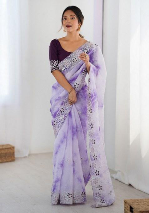 Lavender Embroidered Chiffon Saree Set